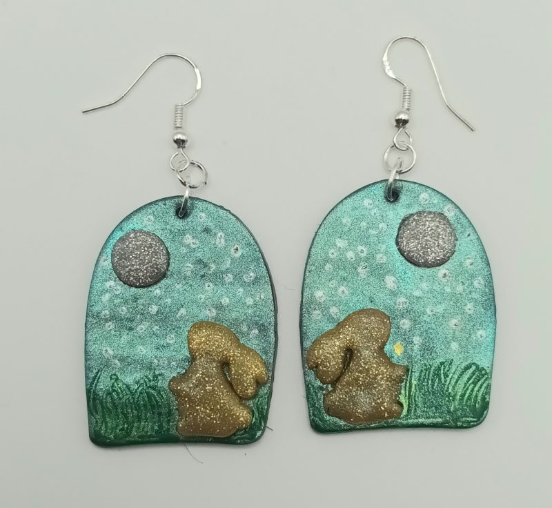 Polymer Clay Moon Gazing Hare Earrings, Lightweight and Durable