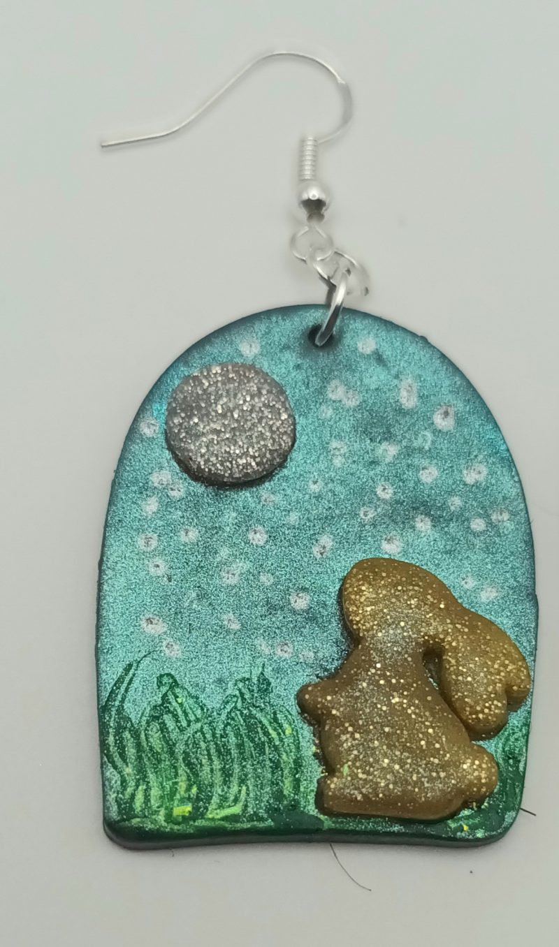 Polymer Clay Moon Gazing Hare Earrings, Lightweight and Durable