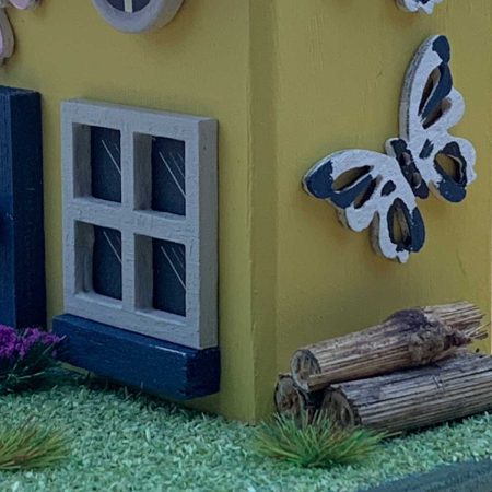 Handmade yellow wooden Butterfly Cottage ornament - Rustic miniature house décor, nature-inspired gift