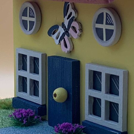 Handmade yellow wooden Butterfly Cottage ornament - Rustic miniature house décor, nature-inspired gift