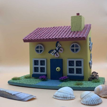 Handmade yellow wooden Butterfly Cottage ornament - Rustic miniature house décor, nature-inspired gift