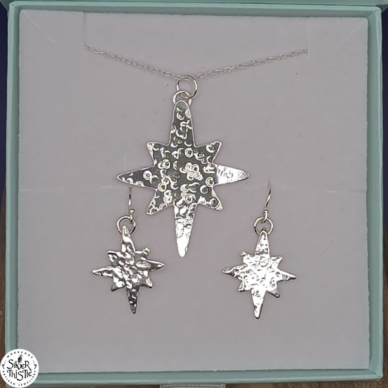 Silver Star Jewellery Set with Hammered Texture, Lightweight & Minimalist