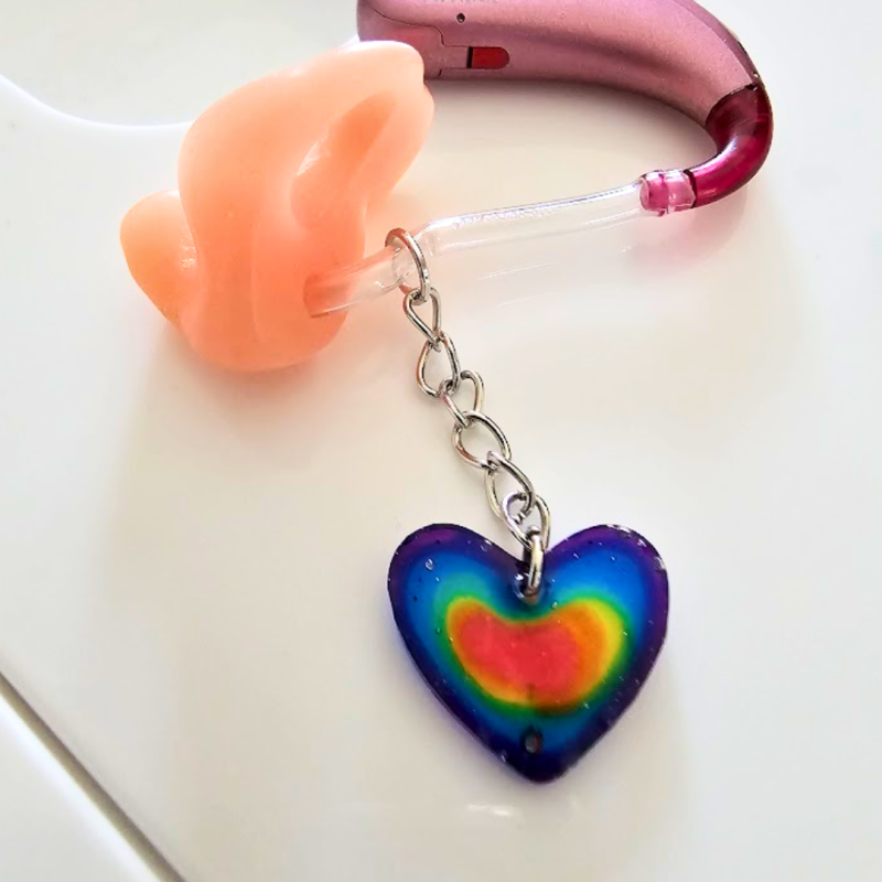 Rainbow Heart Hearing Aid Charm – Handmade Resin Cochlear Implant Accessory – Unique and Lightweight