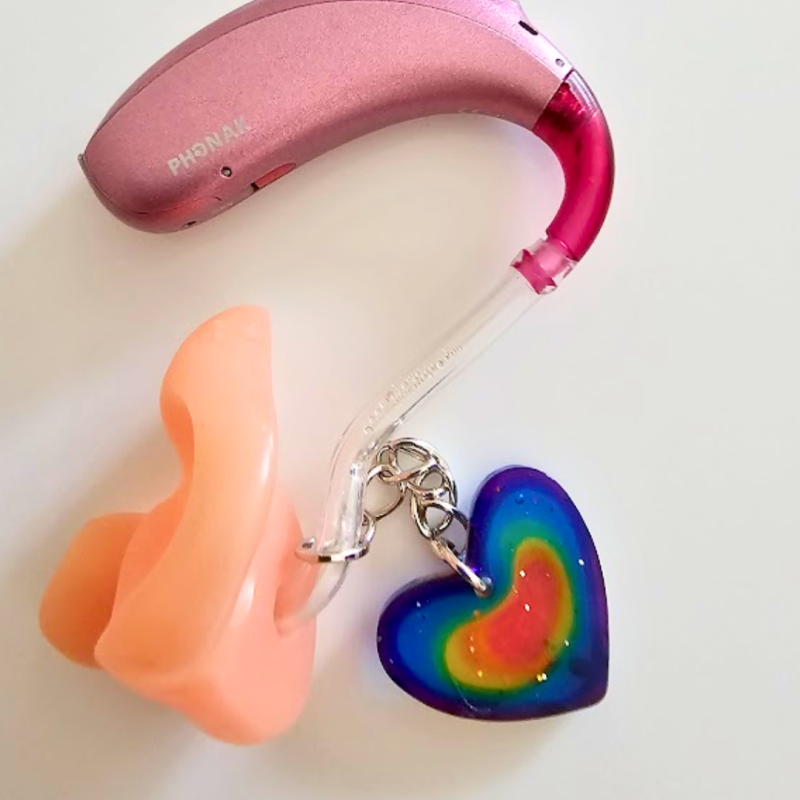 Rainbow Heart Hearing Aid Charm – Handmade Resin Cochlear Implant Accessory – Unique and Lightweight
