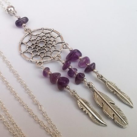 Silver Plate Purple Amethyst Gemstone Dreamcatcher Necklace