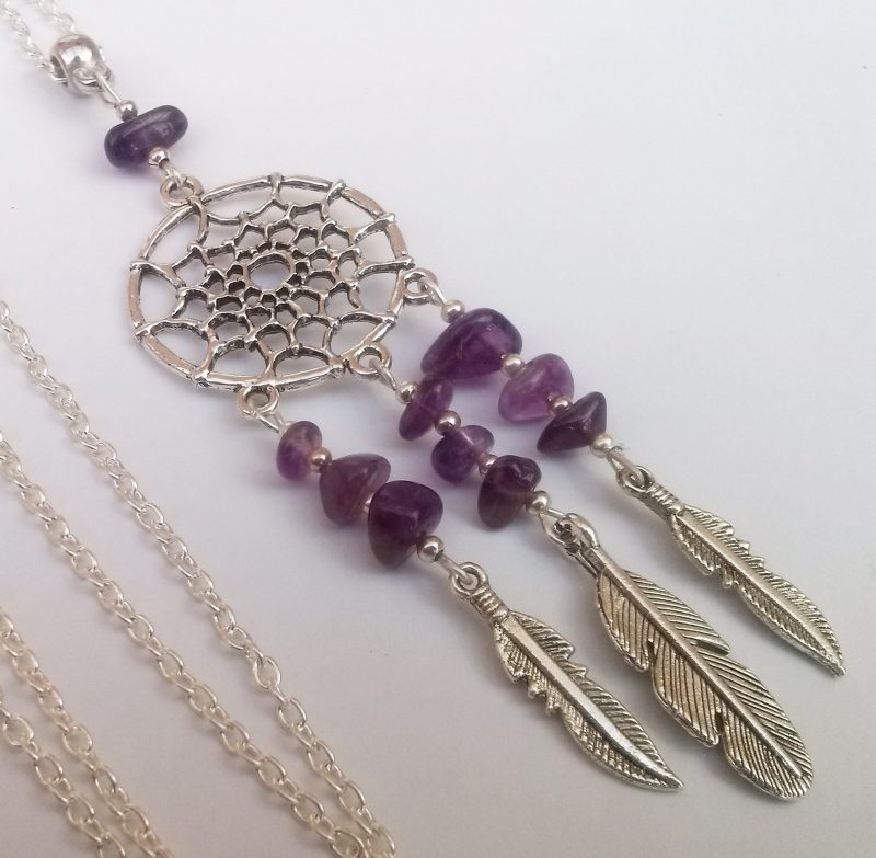Silver Plate Purple Amethyst Gemstone Dreamcatcher Necklace