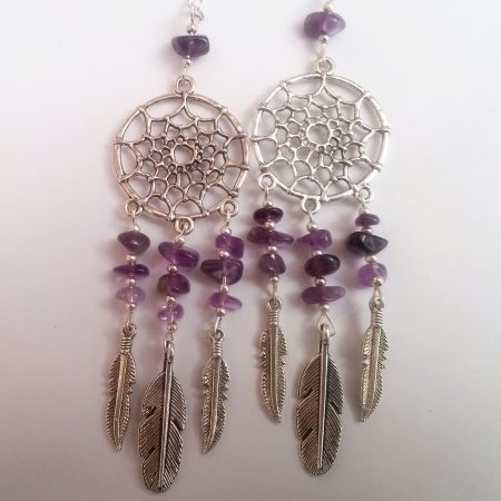 Silver Plate Purple Amethyst Gemstone Dreamcatcher Earrings