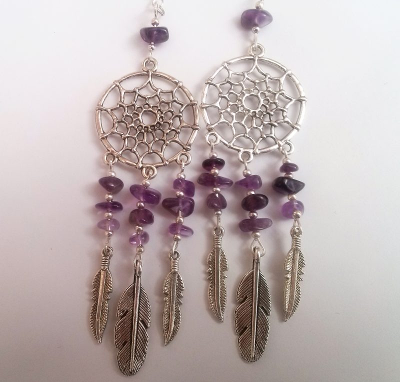 Silver Plate Purple Amethyst Gemstone Dreamcatcher Earrings