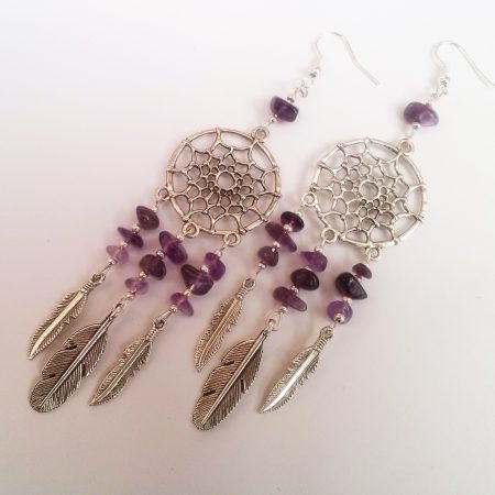 Silver Plate Purple Amethyst Gemstone Dreamcatcher Earrings