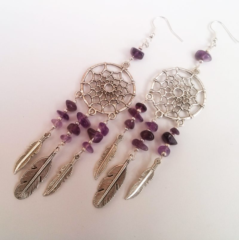 Silver Plate Purple Amethyst Gemstone Dreamcatcher Earrings