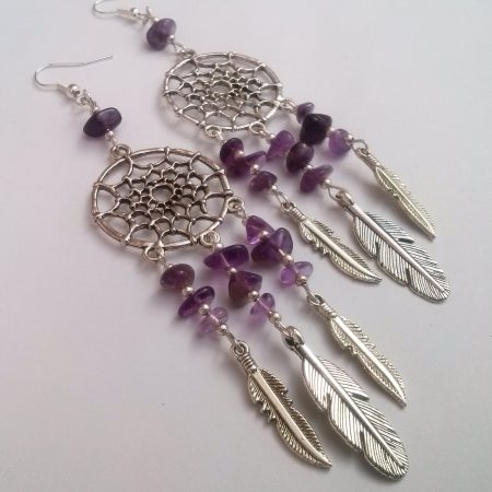 Silver Plate Purple Amethyst Gemstone Dreamcatcher Earrings