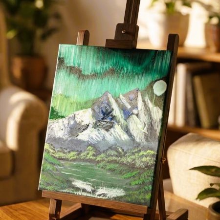 Original Oil Painting. Nothern Lights over Mountain Loch