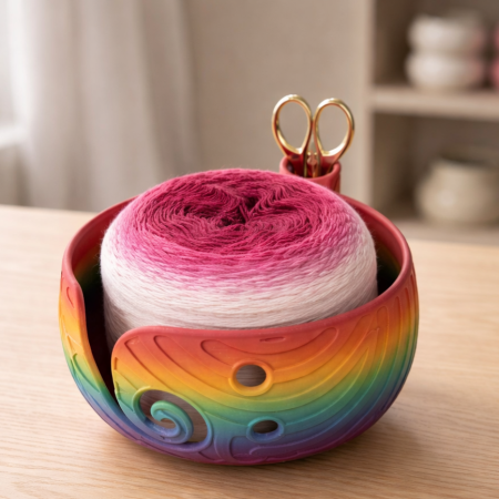 A colourful yarn bowl in rainbow hues holds a ball of pink and white yarn. The bowl features a curved design with holes and a yarn slot. Gold scissors are in a pot attached to the side. This item is perfect for knitting and crochet projects, and measures approximately 15cm in diameter. Background is a wood table with shelves and a white curtain.