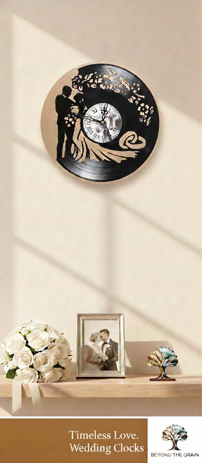 Handcrafted Vinyl Record Wedding Clock – Silhouette Couple with Floral Accents and Roman Numerals