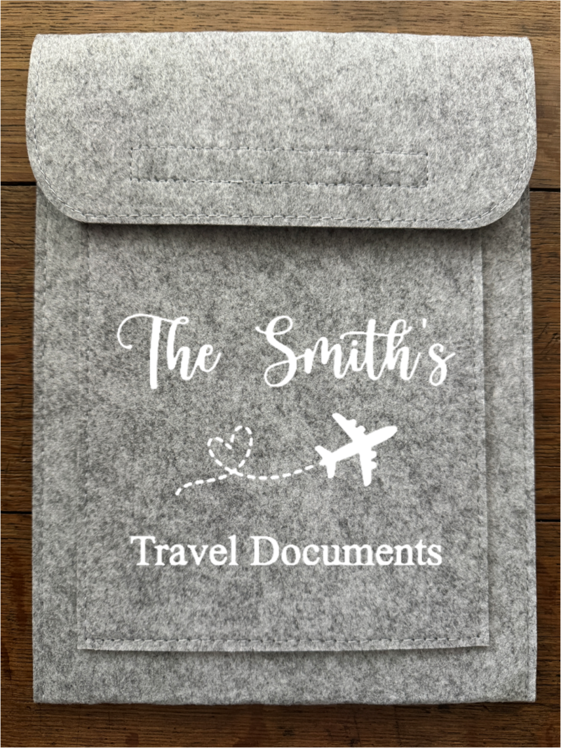 Felt Travel Wallet – Tablet / iPad Sleeve with Passport Pocket – Personalised Travel Organiser