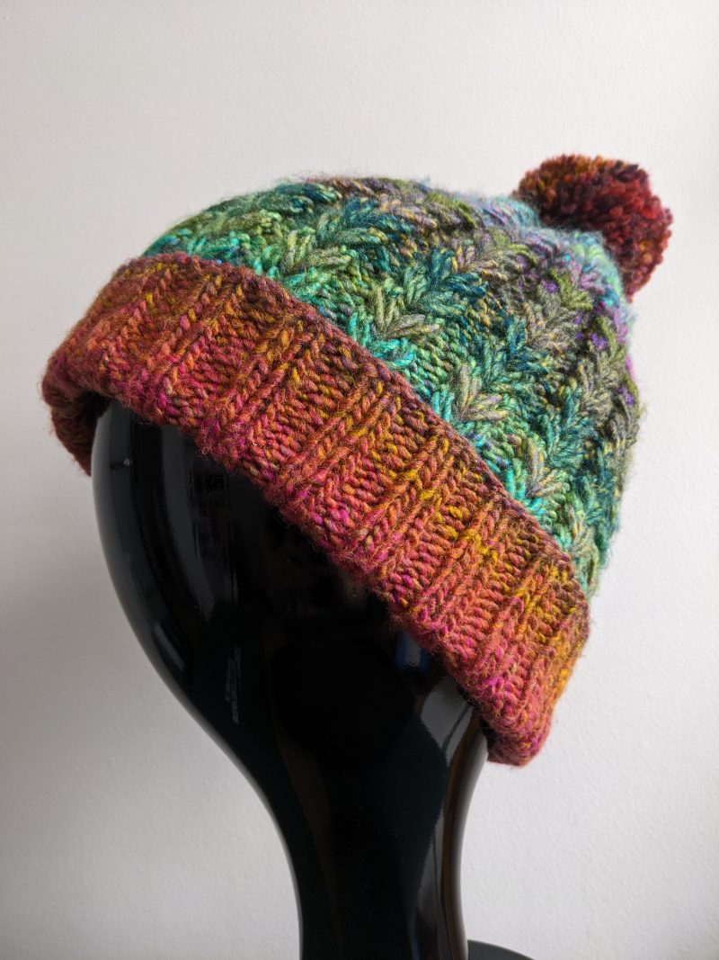 Cozy Knitted Winter Beanie - Green Palette or Green & Red with Fun Pompom