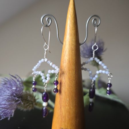 Handmade Amethyst, Blue Lace Agate and Mother of Pearl Silver Earrings