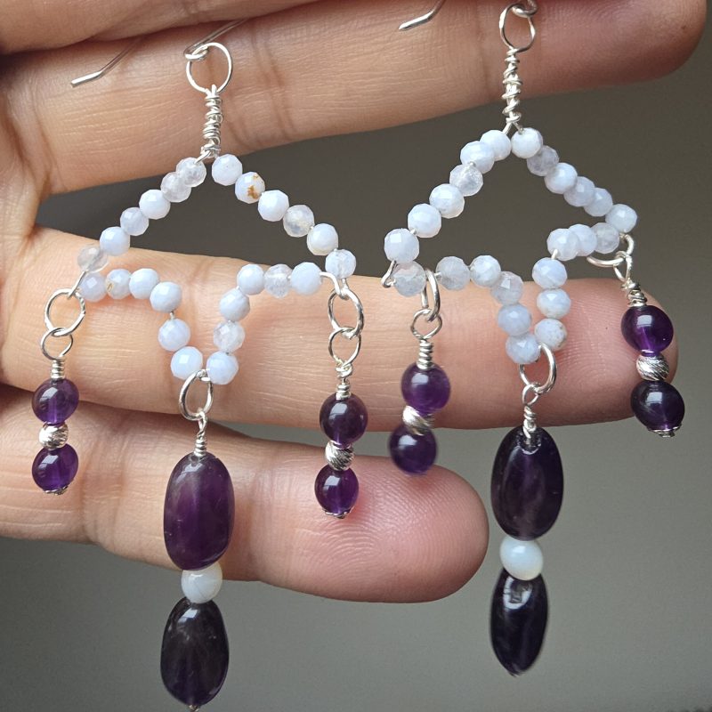 Handmade Amethyst, Blue Lace Agate and Mother of Pearl Silver Earrings