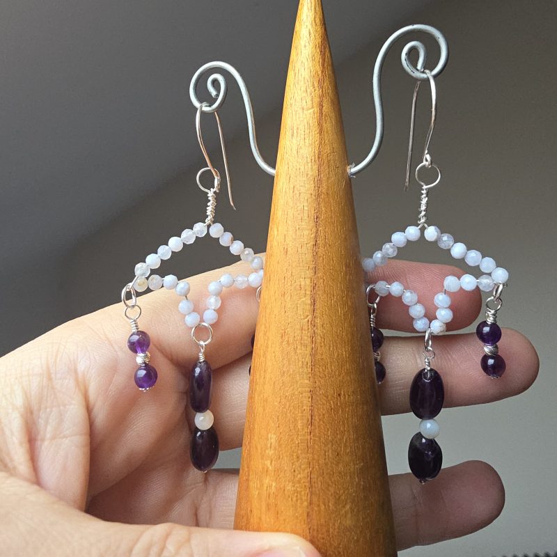 Handmade Amethyst, Blue Lace Agate and Mother of Pearl Silver Earrings