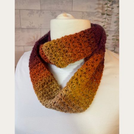 Crocheted Infinity Scarf in Sparkly Autumn Sunset Colours.