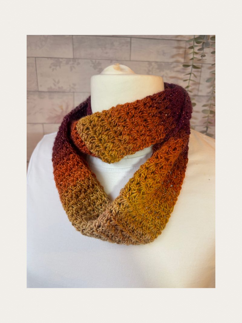 Crocheted Infinity Scarf in Sparkly Autumn Sunset Colours.