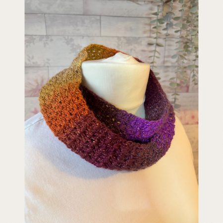 Crocheted Infinity Scarf in Sparkly Autumn Sunset Colours.