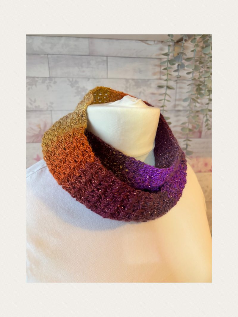 Crocheted Infinity Scarf in Sparkly Autumn Sunset Colours.