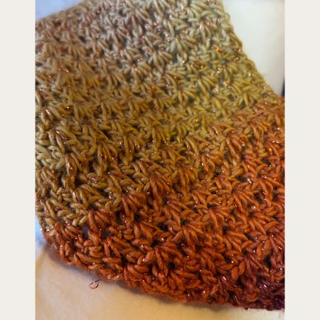 Crocheted Infinity Scarf in Sparkly Autumn Sunset Colours.