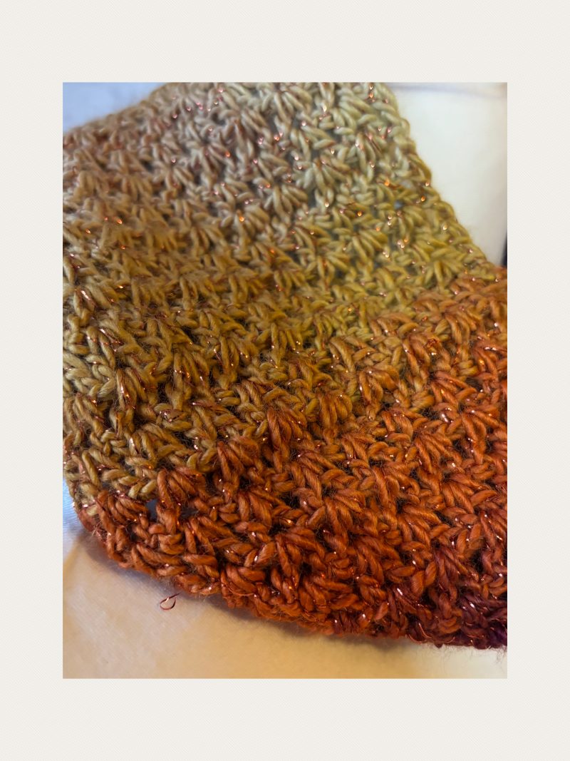 Crocheted Infinity Scarf in Sparkly Autumn Sunset Colours.