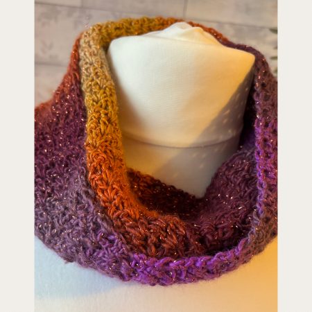 Crocheted Infinity Scarf in Sparkly Autumn Sunset Colours.