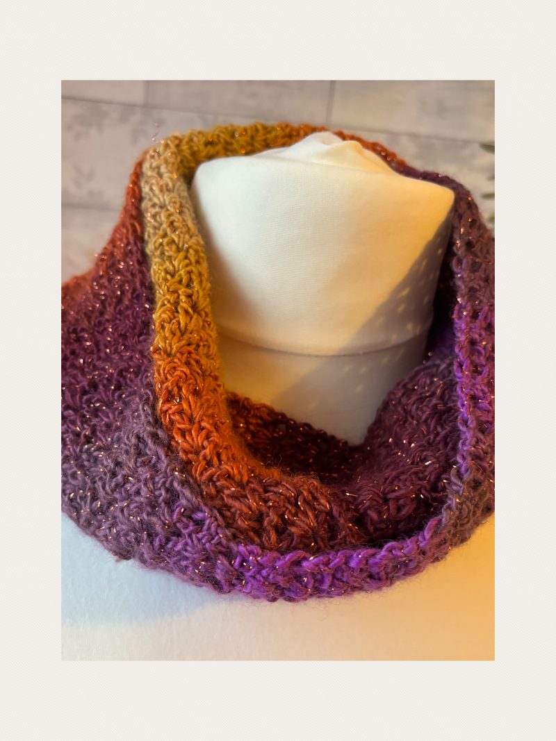 Crocheted Infinity Scarf in Sparkly Autumn Sunset Colours.
