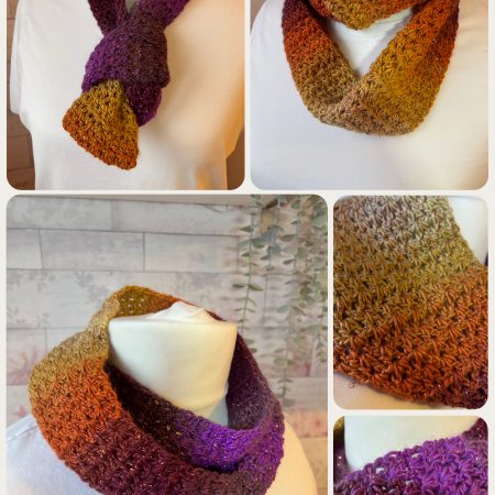 Crocheted Infinity Scarf in Sparkly Autumn Sunset Colours.