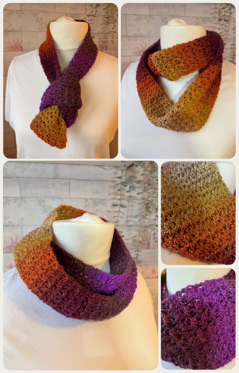Crocheted Infinity Scarf in Sparkly Autumn Sunset Colours.