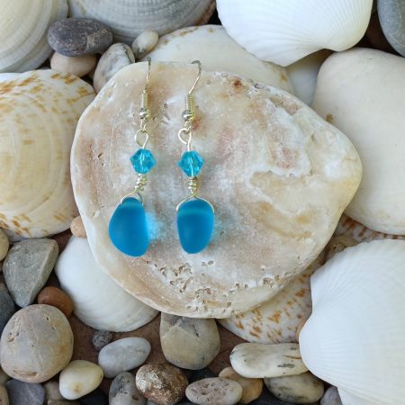 Sea Glass Earrings with Glass Bead and Sterling Silver Hoops