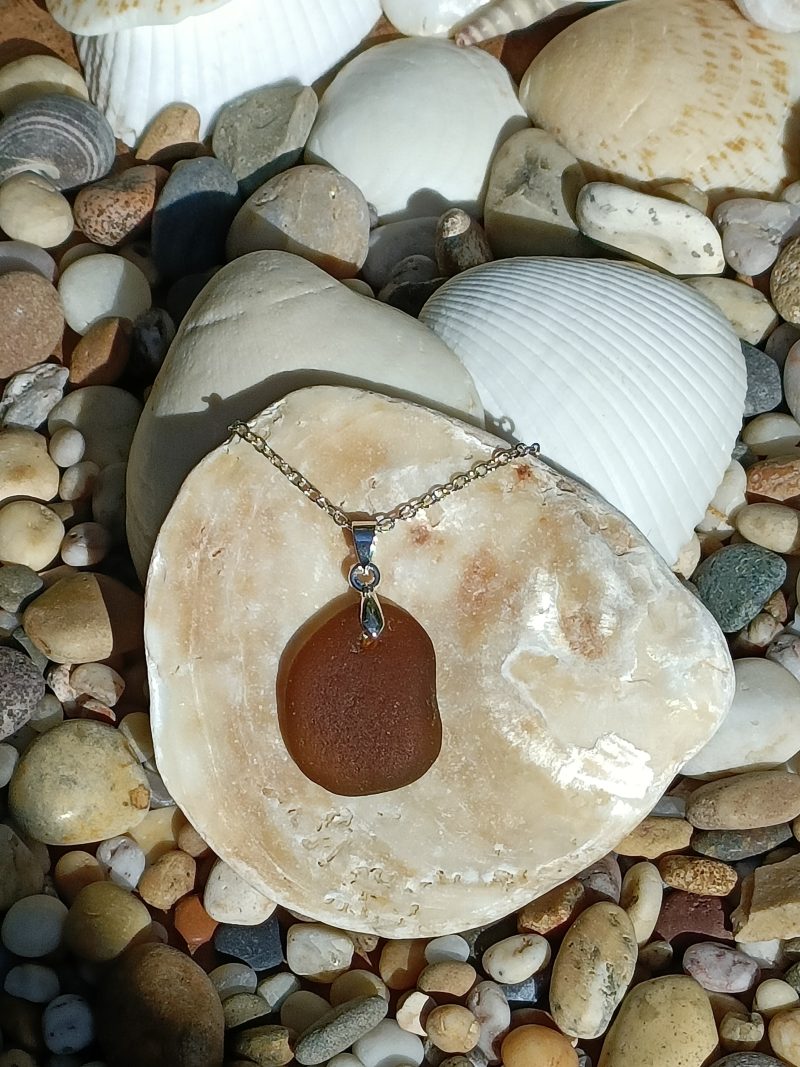 Handmade Sea Glass Necklace with Unusual Brown Colour, Lightweight