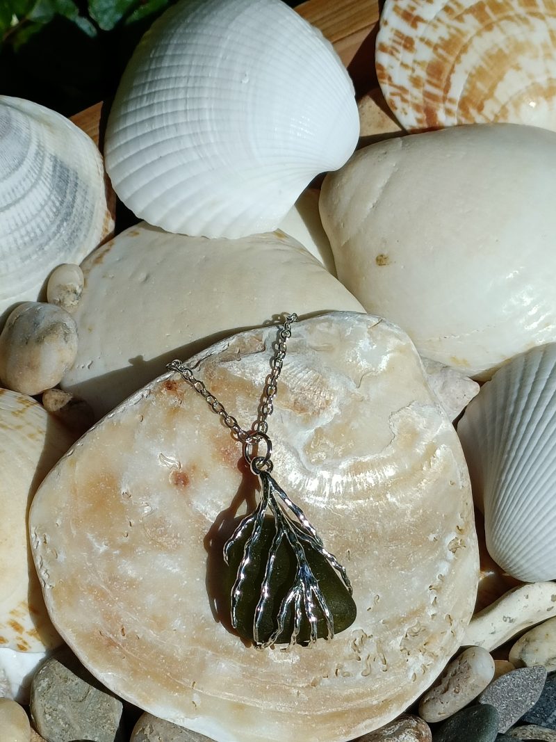 Green Sea Glass Necklace with Sterling Silver 18 Inch Chain