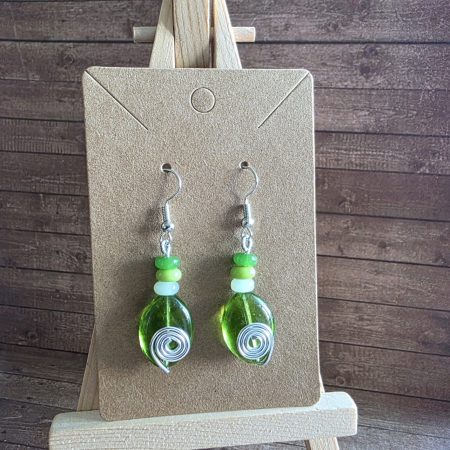 Green Glass Spiral Earrings – Handmade Wire-Wrapped Drop Design