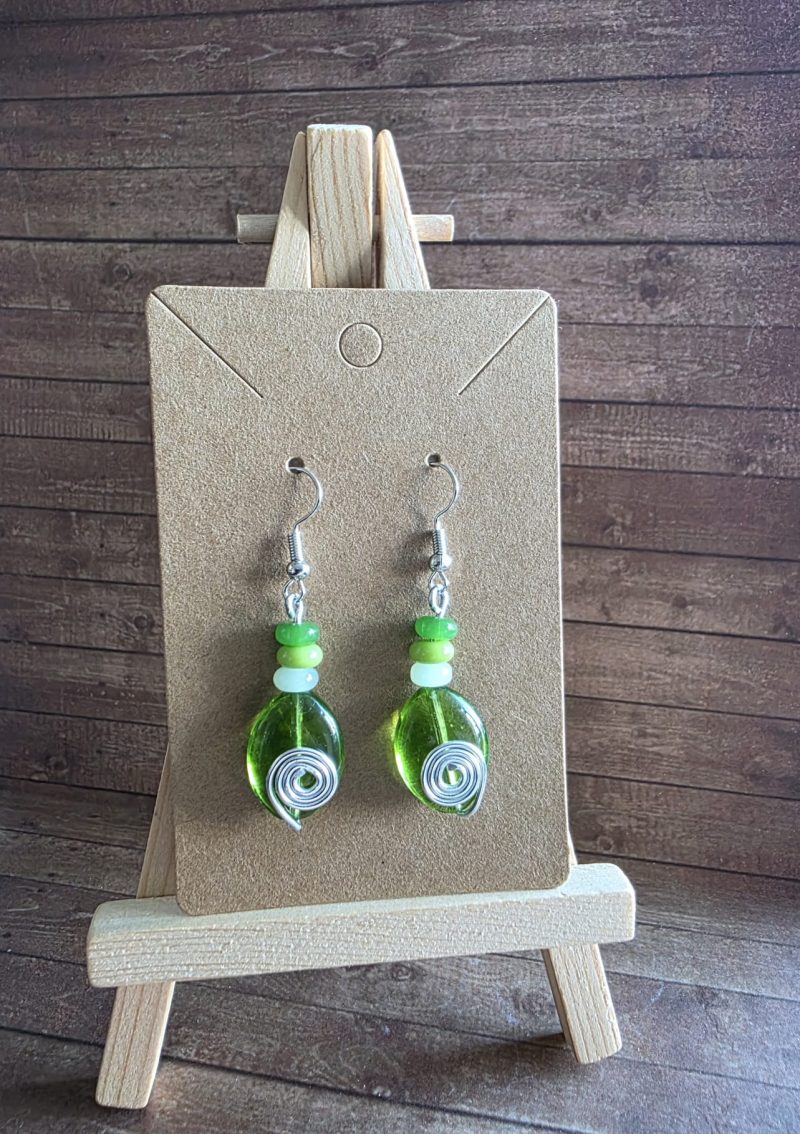 Green Glass Spiral Earrings – Handmade Wire-Wrapped Drop Design