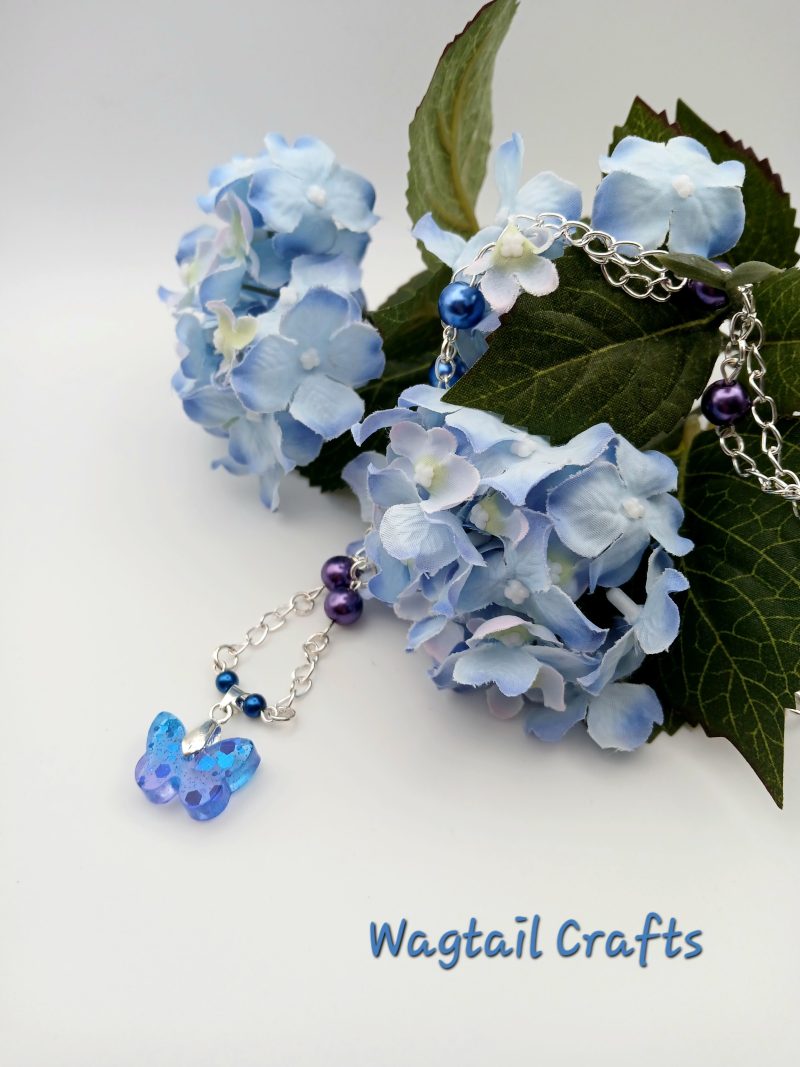 Ombre Blue Purple Resin Butterfly Pendant and bead necklace