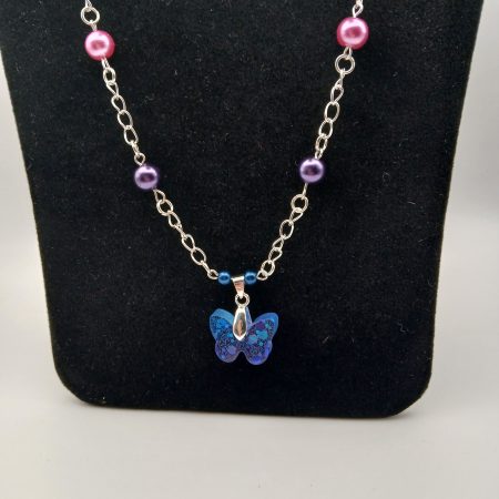 Ombre Blue Purple Resin Butterfly Pendant and bead necklace