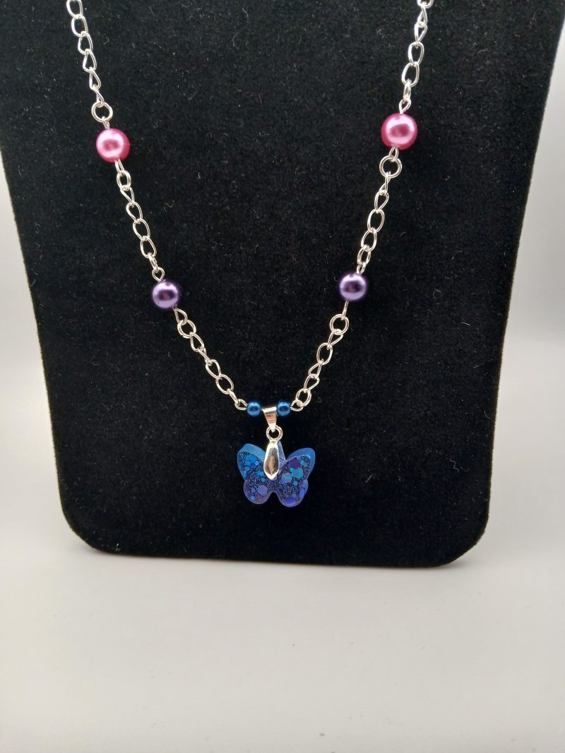 Ombre Blue Purple Resin Butterfly Pendant and bead necklace
