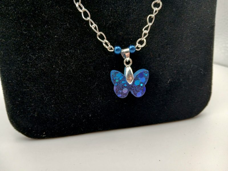 Ombre Blue Purple Resin Butterfly Pendant and bead necklace