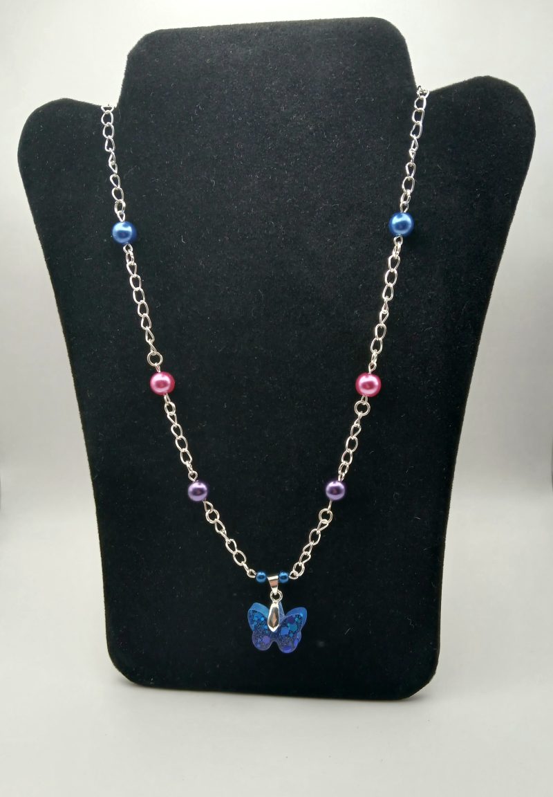 Ombre Blue Purple Resin Butterfly Pendant and bead necklace
