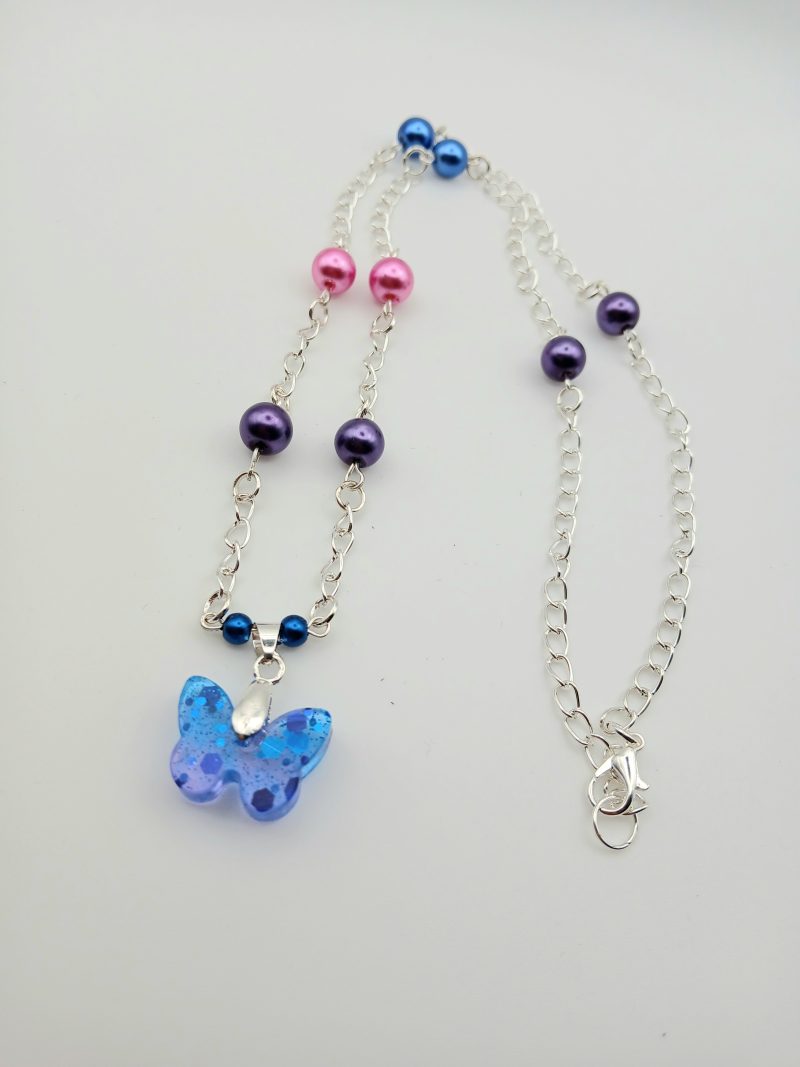 Ombre Blue Purple Resin Butterfly Pendant and bead necklace