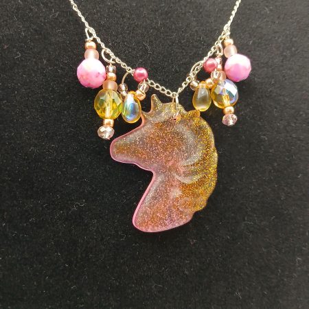 Bright Pink and Gold Glitter Unicorn Necklace with beads