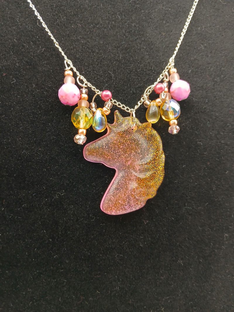 Bright Pink and Gold Glitter Unicorn Necklace with beads