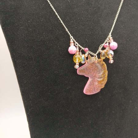Bright Pink and Gold Glitter Unicorn Necklace with beads