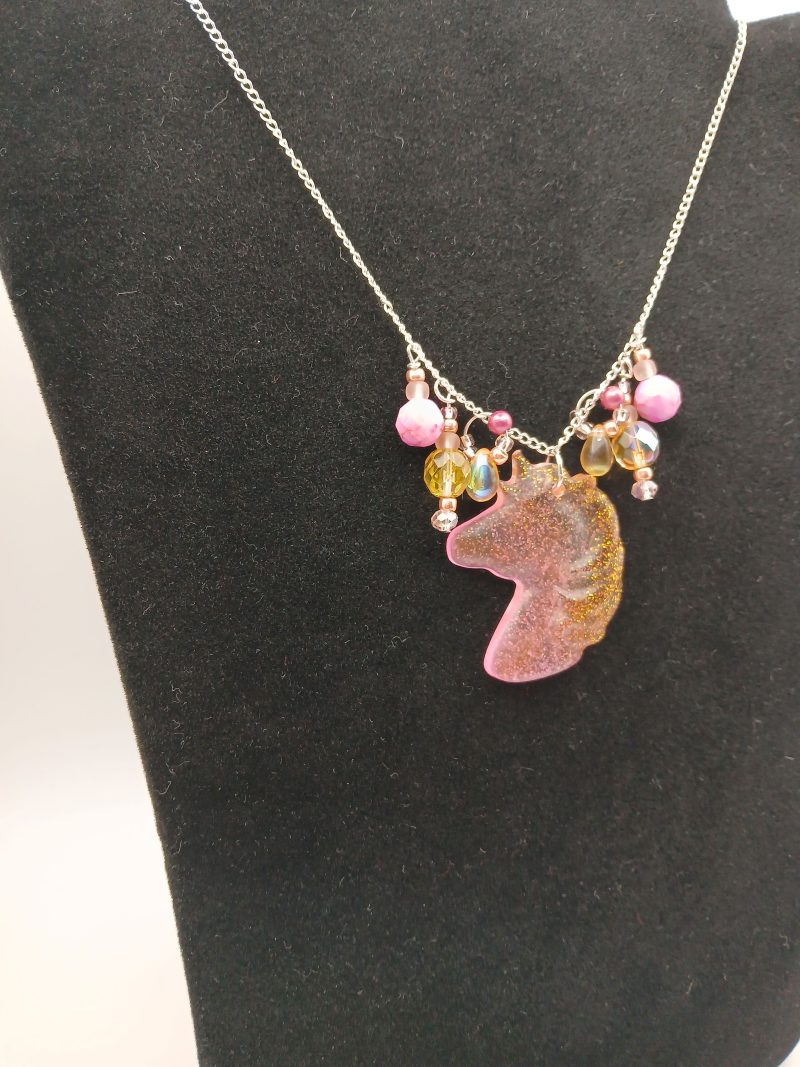 Bright Pink and Gold Glitter Unicorn Necklace with beads