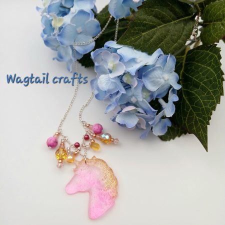 Bright Pink and Gold Glitter Unicorn Necklace with beads