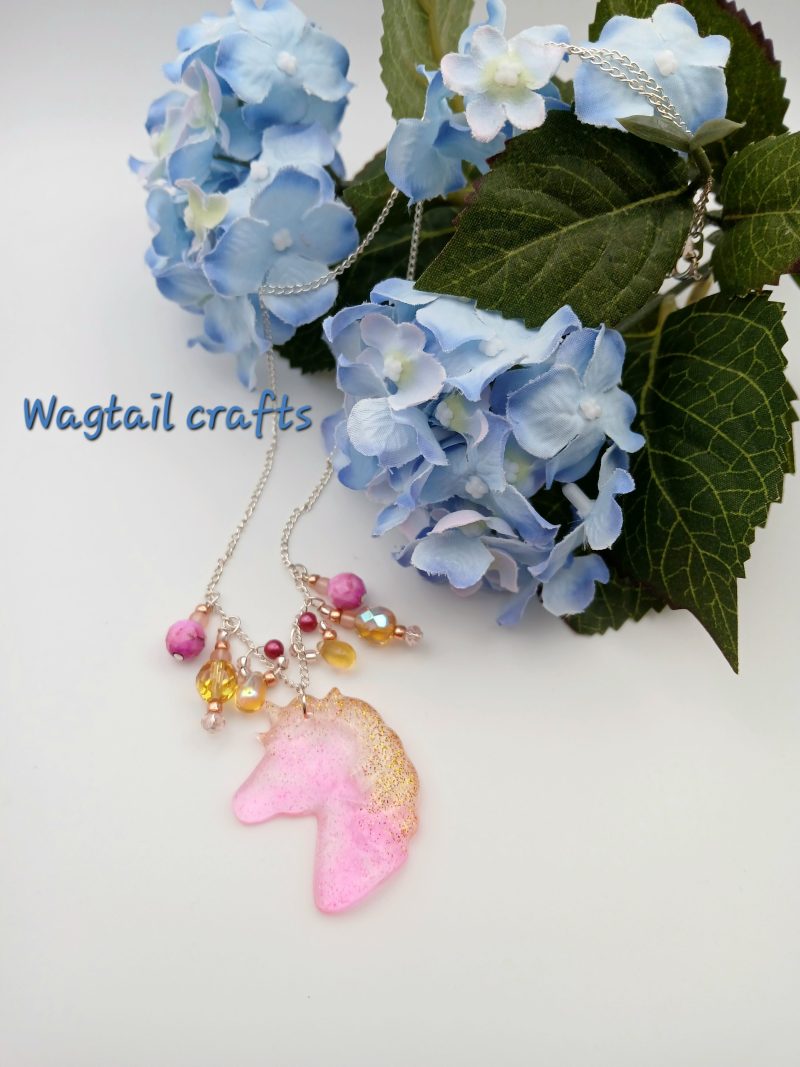 Bright Pink and Gold Glitter Unicorn Necklace with beads
